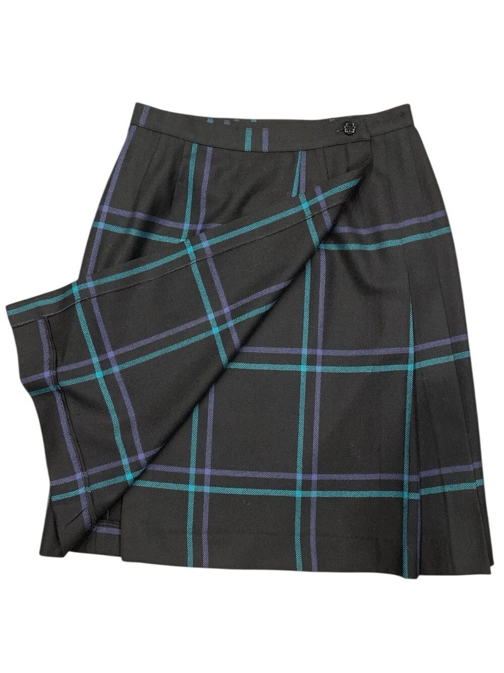 Dark Academia Plaid Wool Wrap Skirt 90s Preppy Schoolgirl Black EU38 US6